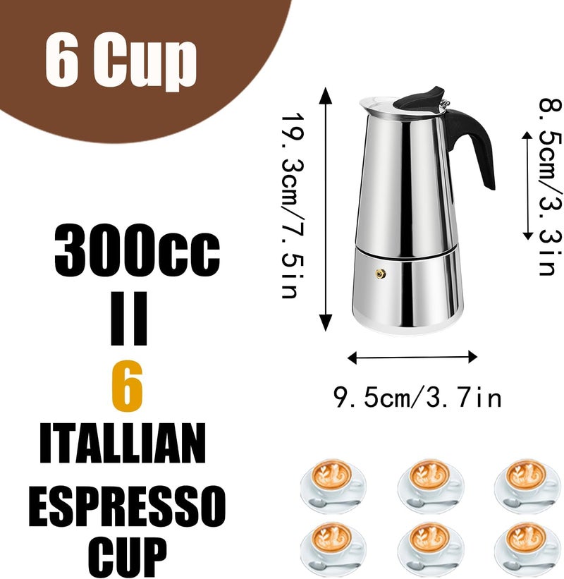 DITOSH 6 Cup Stovetop Espresso Maker Stainless Steel Moka Pot Stove Top Percolator Italian Coffee Makers Capable Mocha Greca Machine Cafe Classic Induction Cookers for Home and Camping 300ml 10oz - Image 3